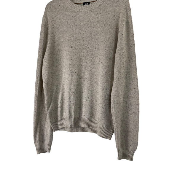 H&M Men's Large Knit Sweater Beige Elbow Patches Cotton Wool Blend - Picture 10 of 10